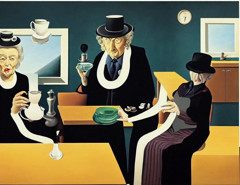 Image similar to a painting of a strange dusty professor in black suite and hat and a old woman making a study of drinking ten cups of black coffee in five seconds in a kitchen that is melting dali, styled by rene magritte