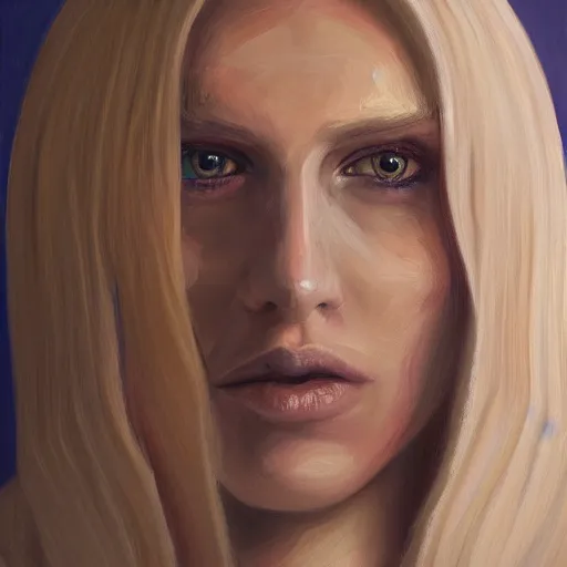 Image similar to a symmetrical portrait of a blonde woman with purple eyes, oil painting, pale colors, high detail, 8 k, wide angle, trending on artstation,