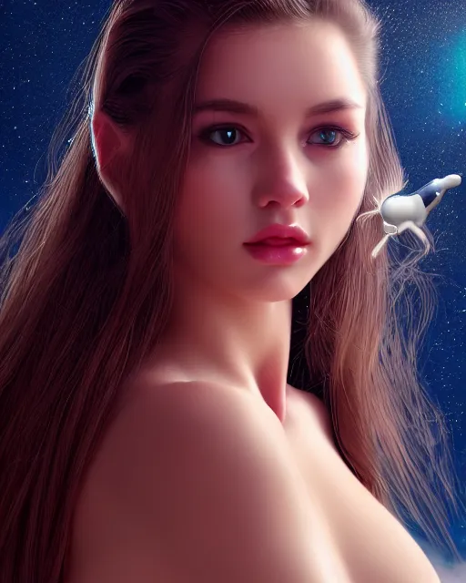 Image similar to a kitten on a rocket, photo, ultra detail, photoreal, professionally retouched, soft moonlight lighting, shiny plastic bikini, realistic, smooth face, goddess, luscious lips, perfect eyes, wide angle, sharp focus on eyes, 8 k high definition, insanely detailed, intricate, elegant, art by artgerm and wlop