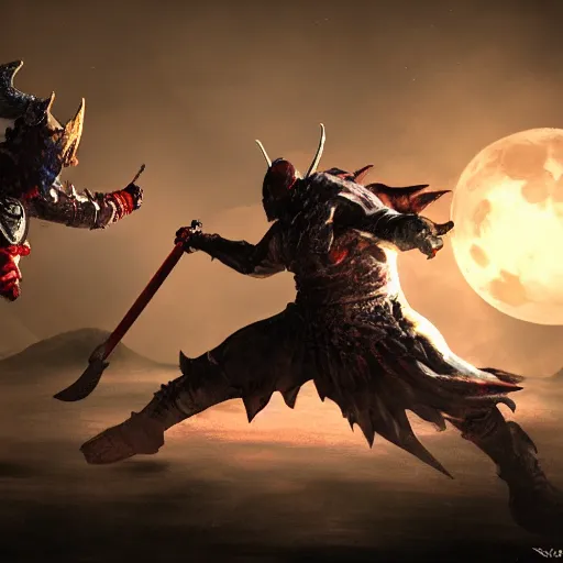 Image similar to Fight between a powerful demon and a knight, painting, volumetric lighting, moon light, , beautiful details, HDR, , action shot, wide angle, horror theme,