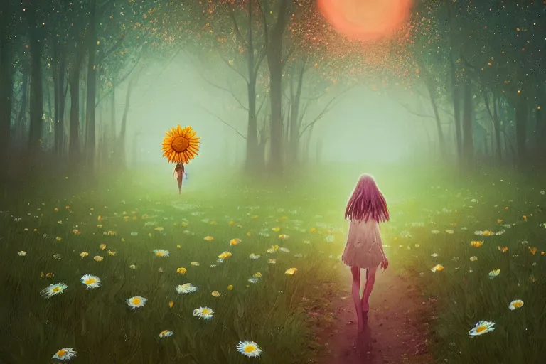 Image similar to giant daisy flower crown head, girl walking in forest, surreal photography, dark night, stars, moon light, impressionist painting, clouds, digital painting, artstation, simon stalenhag