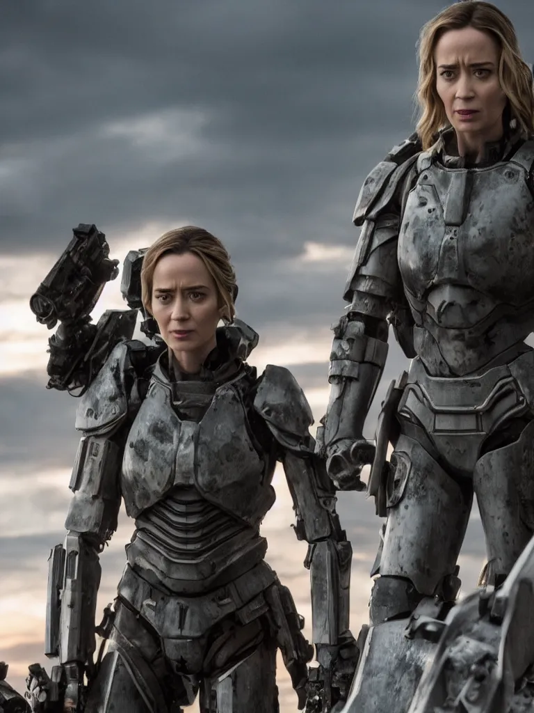 Image similar to emily blunt in futuristic power armor, holding a sword, edge of tomorrow, angel of verdun, sunset