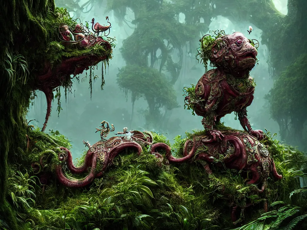 Prompt: creature in a lush trunda vegetation, snow snow :: by Michal Karcz, Daniel Merriam, Victo Ngai and Guillermo del toro :: ornate, dynamic, particulate, intricate, elegant, highly detailed, centered, artstation, smooth, sharp focus, octane render, 3d