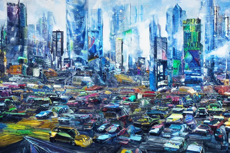 Prompt: 4 k hyper realistic oil painting of 2 0 0 0 s city at amn electronic music festival, rave, huge stage booming hard techno music, detailed painting in the style of walter douglas