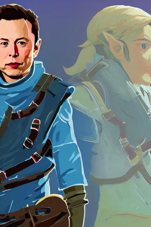 Image similar to an in game portrait elon musk of from the legend of zelda breath of the wild, breath of the wild art style.