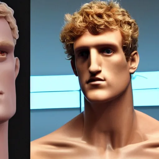 Prompt: a realistic detailed photo of a guy who is an attractive humanoid who is half robot and half humanoid, who is a male android, boxer and youtuber logan paul, shiny skin, posing like a statue, blank stare, at the museum, on display