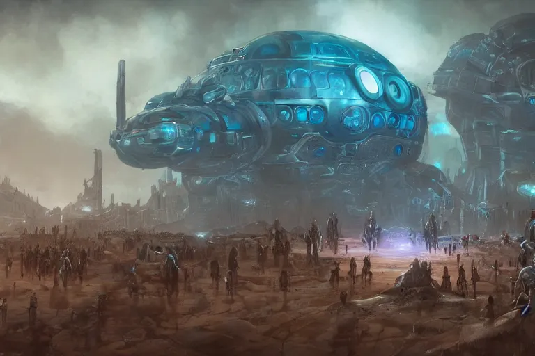 Image similar to ancient alien portral, a crowd of androids, pilgrimage, in mad max style, stargate, coriolios rpg art style, full of details, dark sci - fi, cold blue colors, matte painting, artstation, 8 k, hyperrealistic, style of peter mohrbacher