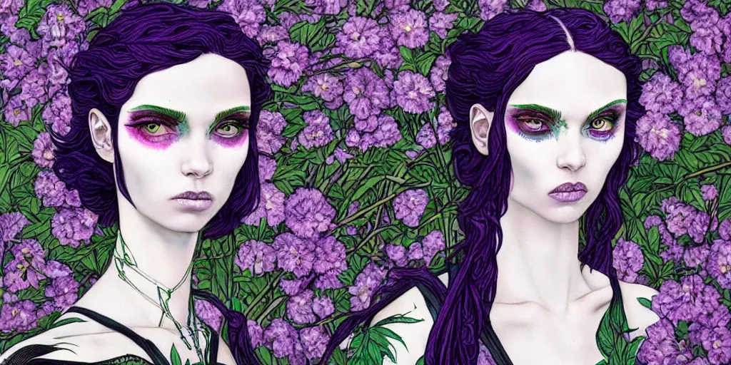 Image similar to the non-binary deity of Spring, she resembles a mix of Grimes, Aurora Aksnes, and Zoë Kravitz, in a style blend of Botticelli and Æon Flux, stunningly detailed artwork