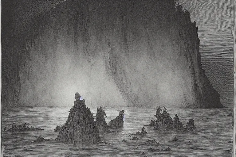 Image similar to demons near calm lake, Gustave Dore lithography