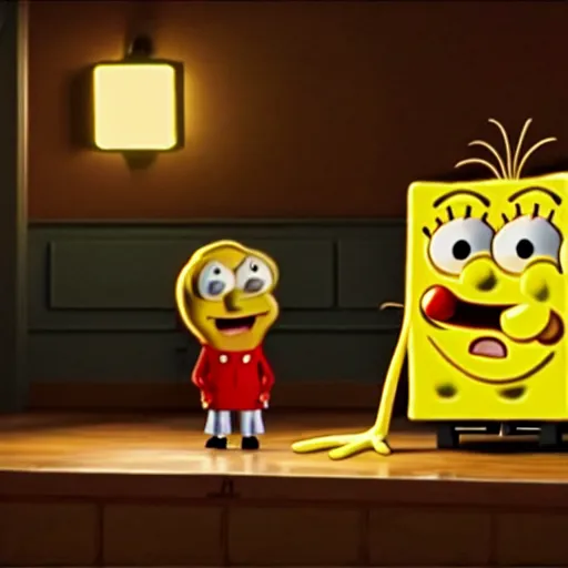 Image similar to mr. bean as spongebob. movie still. cinematic lighting.