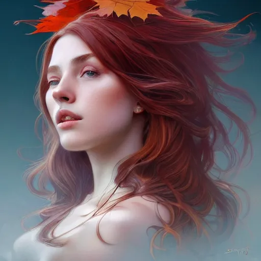 Image similar to girl with super long hair, hair becoming autumn red leaves, intricate, highly detailed, digital painting, artstation, concept art, smooth, sharp focus, illustration, unreal engine 5, 8 k, art by artgerm and greg rutkowski and alphonse mucha