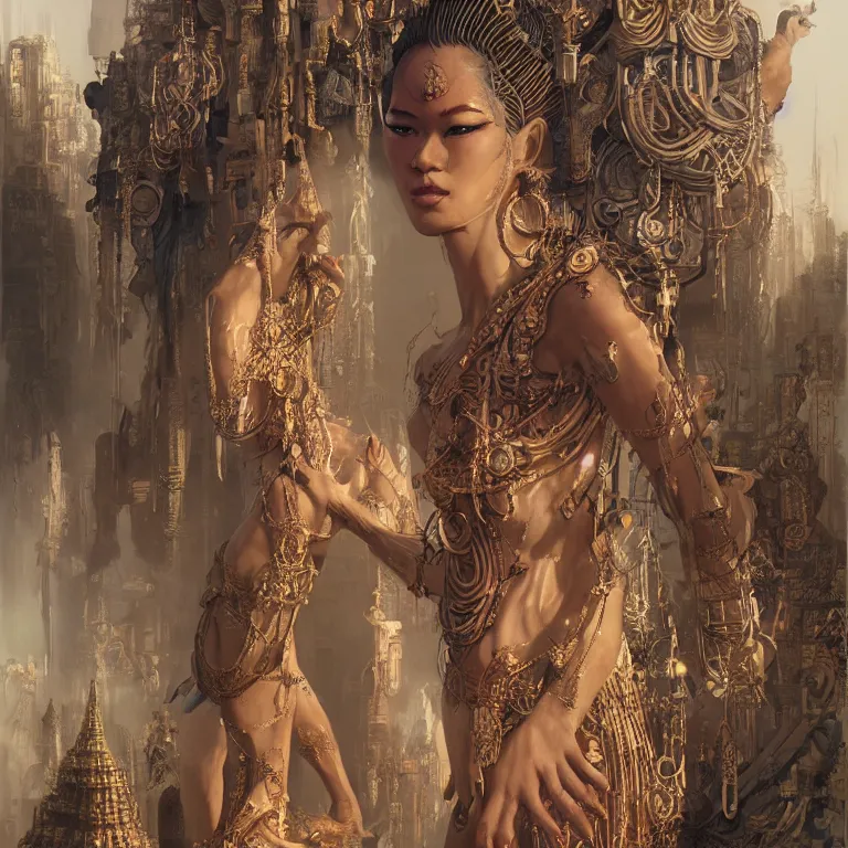 Image similar to intricate drawing of a female deity, cambodian fashion, cyberpunk ornaments, thin strands, porcelain skin, greg rutkowski, james gurney, john berkey, hyperrealistic, backlit