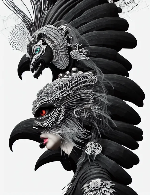 Image similar to 3 d goddess close - up profile simple portrait punk with mohawk with ram skull. beautiful intricately detailed japanese crow kitsune mask and clasical japanese kimono. betta fish, jellyfish phoenix, bio luminescent, plasma, ice, water, wind, creature, artwork by tooth wu and wlop and beeple and greg rutkowski