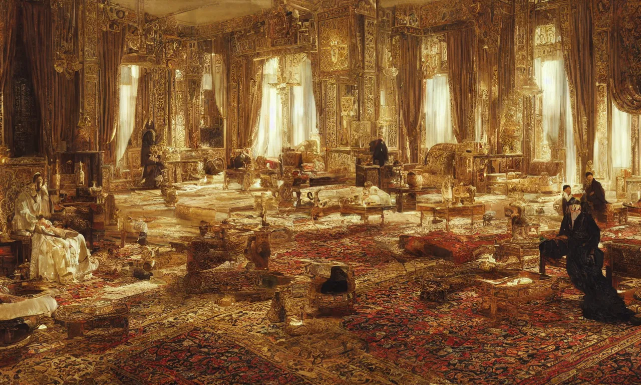 Prompt: grand dream of ottoman opulence and the splendor of architectural orientalism, art by rudolf ernst, orientalism, hypereralism, ultra hd, 8 k resolution