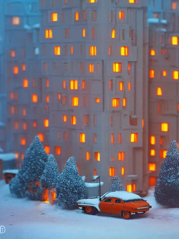 Image similar to mega detailed miniature diorama a soviet residential building, brutalism architecture, suburban, warm lights are on in the windows, man lies in the snow, dark night, fog, winter, blizzard, cozy and peaceful atmosphere, row of street lamps with warm orange light, several birches nearby, 1 9 9 0