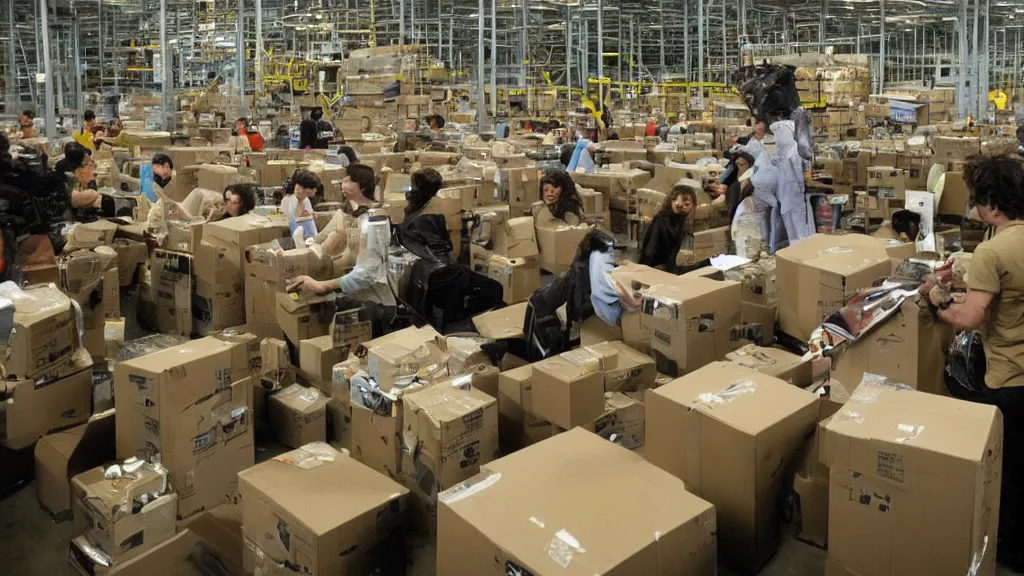 Image similar to Gremlins in Amazon warehouse packaging facility packing Amazon rainforest into Amazon packages, film still from banned media Gremlins 3 New World Order, directed by Joe Dante, Nathan Fielder, Groucho Marx and REDACTED