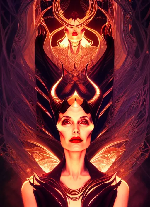 Prompt: symmetry portrait of maleficent, glowing lights, intricate, elegant, highly detailed, digital painting, artstation, concept art, smooth, sharp focus, illustration, art by artgerm and greg rutkowski and alphonse mucha