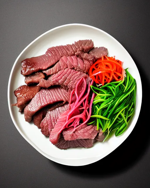 Image similar to realistic photo of delicious yakiniku, bowl, soja, white kitchen table, cloth, marble, highly detailed, by louise lister, sara ali, mary devinat, kailee mandel, masterpiece, award winning, food photography