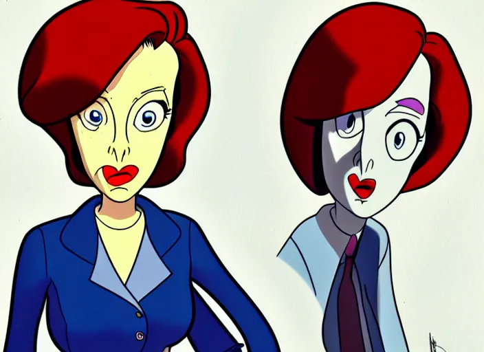 Image similar to a shaded animation cel of dana scully, realistic anatomy, in the style of don bluth, disney, dreamworks animation, filmation, toei animation, studio trigger, bruce timm, jack kirby, studio ghibli, 5 k, artstation trending