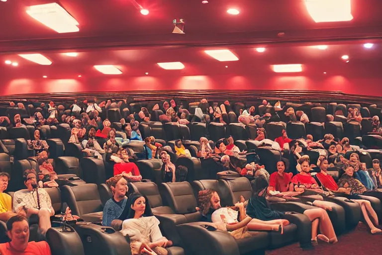 Prompt: full view of a movie theater full of cats sitting watching a movie