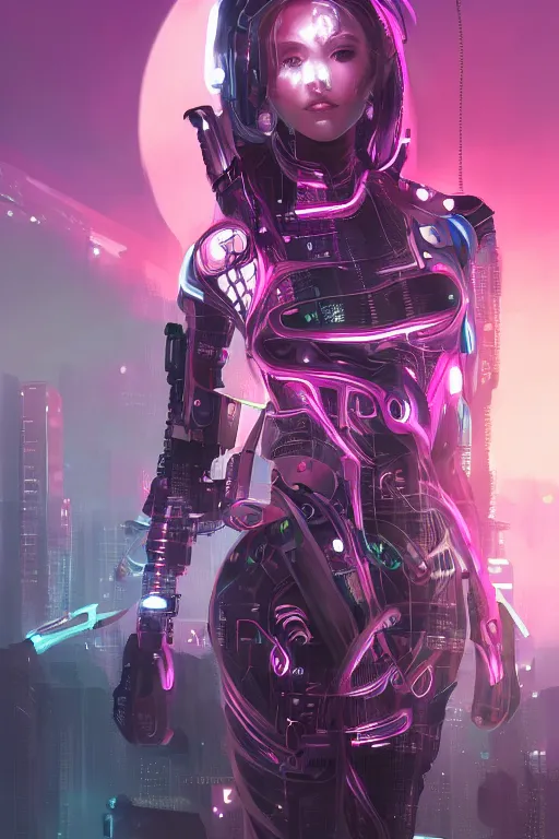 Image similar to portrait futuristic Cyber warrior Girl, in future cyberpunk tokyo rooftop , ssci-fi, fantasy, intricate, very very beautiful, elegant, neon light, highly detailed, digital painting, artstation, concept art, smooth, sharp focus, illustration, art by WLOP and tian zi and alphonse mucha