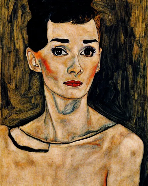 Prompt: portrait of audrey hepburn as an android by egon schiele in the style of greg rutkowski