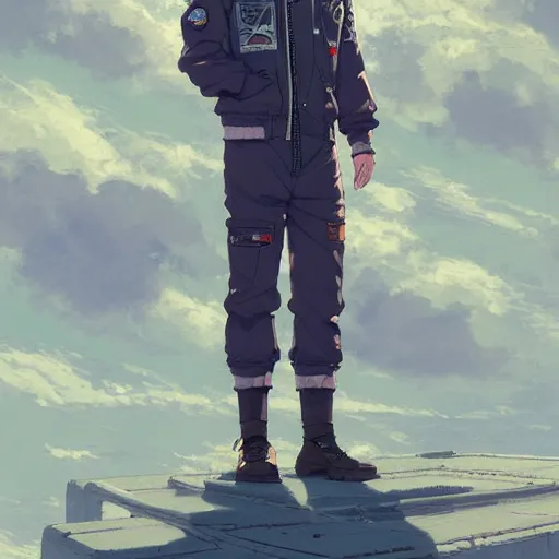 Image similar to a handsome young man! model, wearing ma - 1 flight suit jacket and overalls, bulky poofy bomber jacket with mayan patterns, trending on pixiv fanbox, painted by greg rutkowski makoto shinkai takashi takeuchi studio ghibli, akihiko yoshida