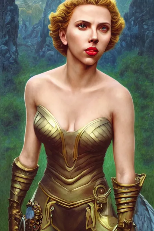 Prompt: A fantasy comic book style portrait painting of Scarlett Johansson as an Atlantean Reptilian Warrior, Mystical Valkyrie, unreal 5, DAZ, hyperrealistic, octane render, Regal, Refined, Detailed Digital Art, RPG portrait, William-Adolphe Bouguereau, Michael Cheval, Walt Disney (1937), François Boucher, Oil Painting, Steampunk, dynamic lighting, Highly Detailed, Cinematic Lighting, Unreal Engine, 8k, HD