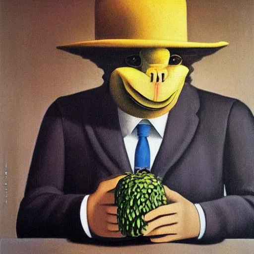 Image similar to ape in suit and bowler hat holding banana oil painting magritte