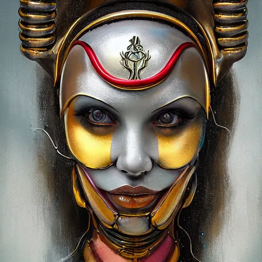 Image similar to tom bagshaw, curiosities carnival, photorealistic medium shot soft paint of a single beautiful cosplay clown full long futuristic metallic armor very tight metal helmet ornate, face, gynoid tentacles body, accurate features, focus, very intricate ultrafine details, award winning masterpiece