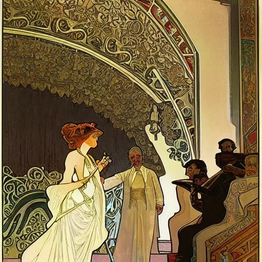 Prompt: painting by alphonse mucha, interior of an opera house with a singer in a white dress on a lighted stage with an orchestra and audience in the hall