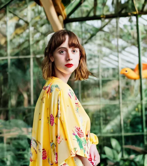 Image similar to head to shoulder Portrait an attractive young female that looks like Maya Hawke wearing a yellow kimono in a tropical greenhouse with a very detailed barn owl on her shoulder, medium format camera, 85mm f1.8, bokeh, Fashion shoot 8k, dreamy, elegant