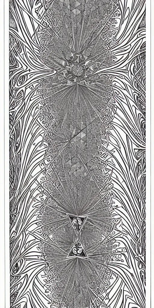 Image similar to a beautiful vaporwave fractal tarot card featuring bold occult imagery with clean lines. haeckel. detailed adult coloring book