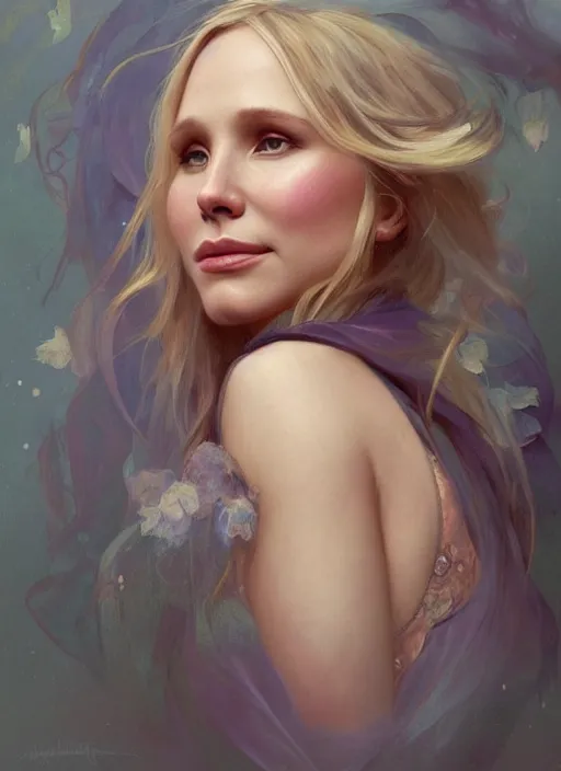 Image similar to beautiful portrait of chonky kristen bell, soft features, by magali villeneuve and greg rutkowski and artgerm and alphonse mucha and jeremy lipkin and rob hay, intricate, elegant, highly detailed, photorealistic, trending on artstation, trending on cgsociety, 8 k, sharp focus