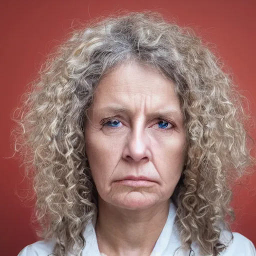 Prompt: Portrait of a sad looking middle aged woman. Blonde curly hair. Detailed face.