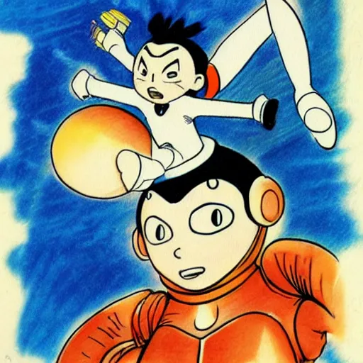 Image similar to astro boy flying, drawn by osamu tezuka, manga, water colored, pastel tones