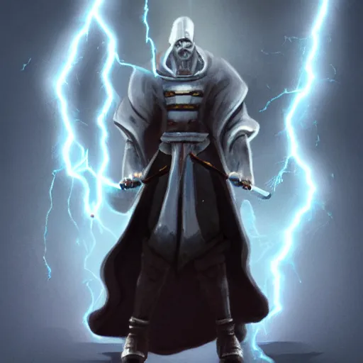 Image similar to thunder man, storm, lightning, spell, staff, white robe, hallway, artstation