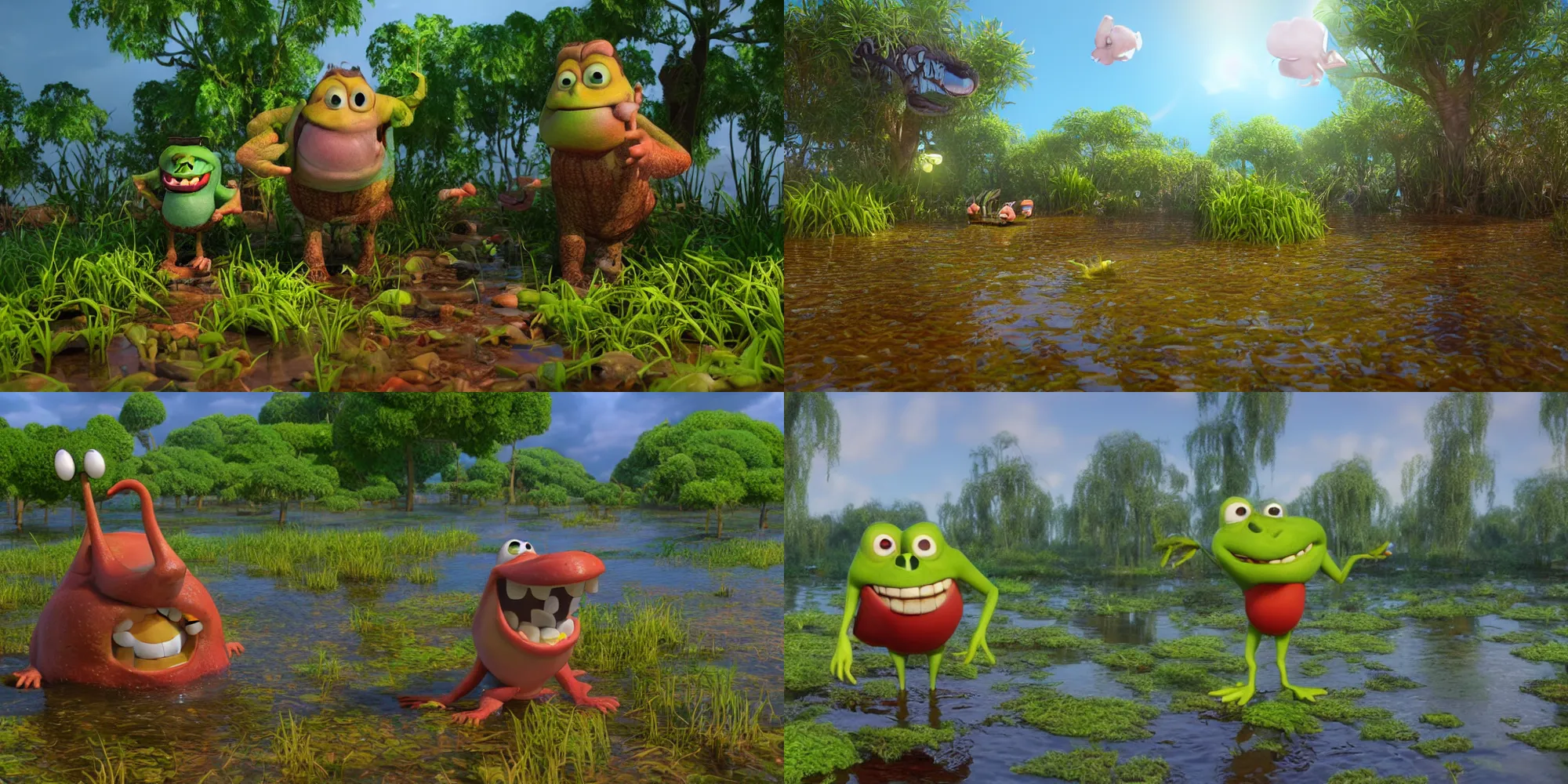 Prompt: The happy and terrific swamp taking a selfie, by disney and pixar, arnold 3, volumetric lighting, HDRI