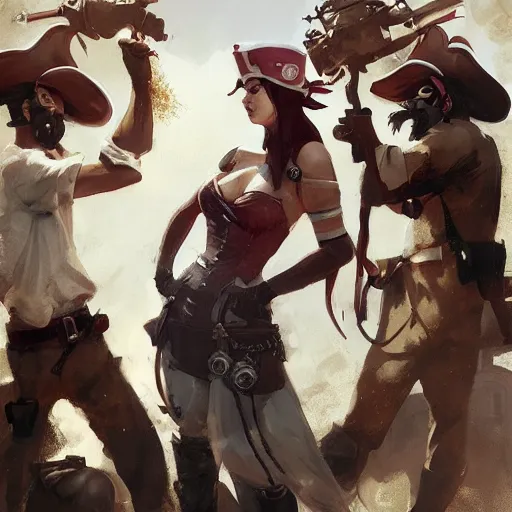 Image similar to pirate party time in team fortress 2 style, tragic, elegant, fantasy, hd shot, digital portrait, beautiful, artstation, comic style, by artgerm, guy denning, jakub rozalski, magali villeneuve and charlie bowater