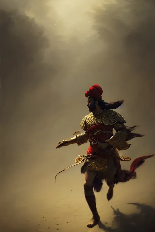 Image similar to a janissary running towards the camera, full body, movement, extremely detailed digital painting, in the style of fenghua zhong and ruan jia and jeremy lipking and peter mohrbacher, mystical colors, rim light, beautiful lighting, 8 k, stunning scene, raytracing, octane, trending on artstation