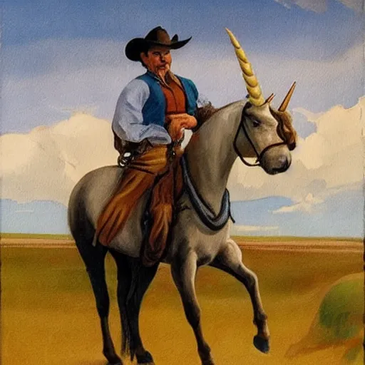 Prompt: a painting of a cowboy riding a unicorn in the style of n. c. wyeth.