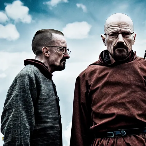 Image similar to walter white and gustavo fring dress like knights from game of thrones, fighting with swords, cinematic, highly - detailed, 8 k, hbo, game of thrones, realistic