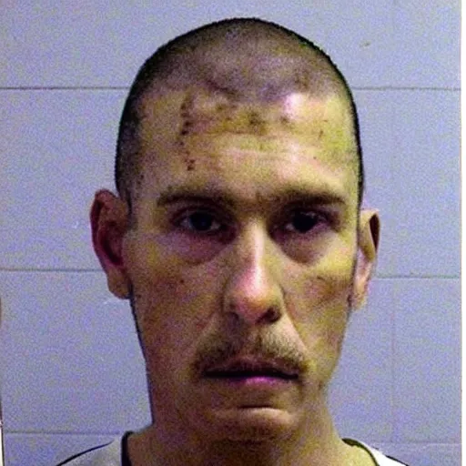 Image similar to mugshot of an inmate, he doesnt have a human head, instead he has a chicken head