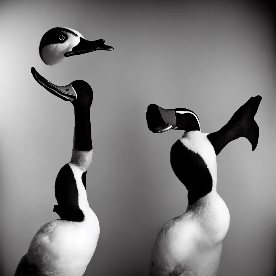 Image similar to a black and white studio portrait of a humanoid duck punk rocker, studio lighting, tri - x