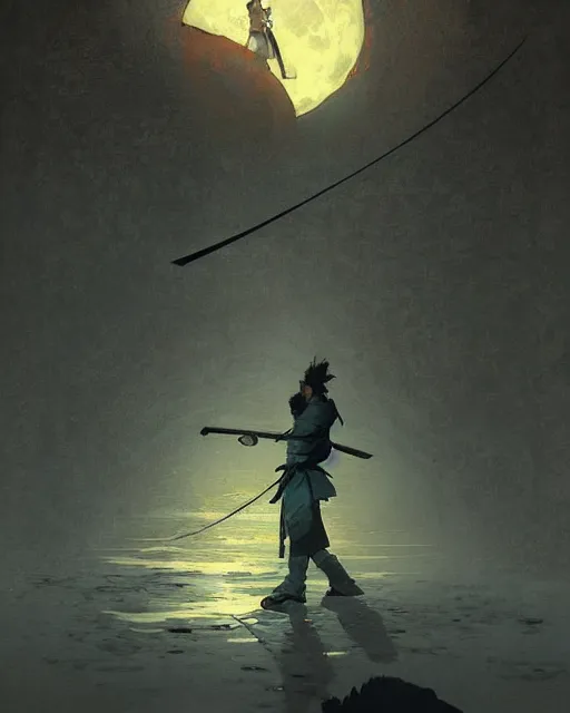 Image similar to '' Illustration a samurai breaking its chains, (night), (moon in the background), digital painting, artstation, concept art, sharp focus, illustration, art by greg rutkowski and alphonse mucha ''