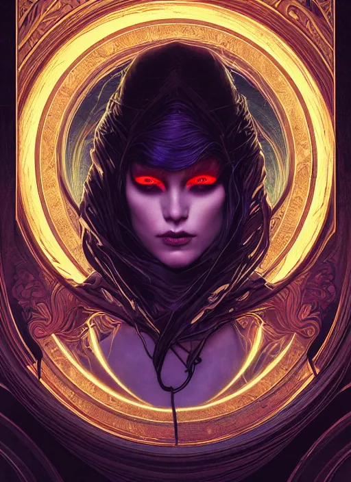 Image similar to book cover, front portrait, dark witch with black hood and evil eyes, realism, soft, smooth, luminescent, art nouveau tarot, backlit glow, colorful swirly ripples, gaudy colors, aesthetic octane render, unreal engine, 8 k, by artgerm, greg rutkowski, alphonse mucha