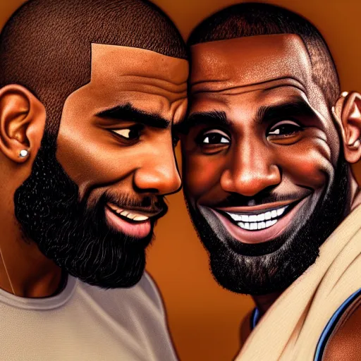 Prompt: beautiful serene intricate portrait of kyrie irving and lebron james taking a selfie, smiling softly, relaxing on the beach, golden hour, soft focus, 8 k, art by irakli nadar, hyperrealism, hyperdetailed, ultra realistic