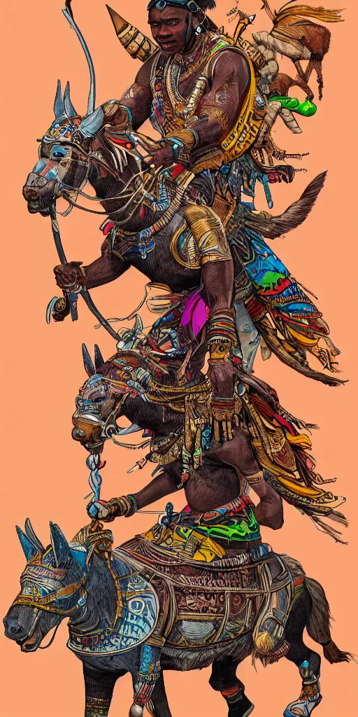 Image similar to portrait of african adventurer riding a fantasy quadruped with tribal decorations and tattoos by moebius, clean line, colorful comics style, artstation