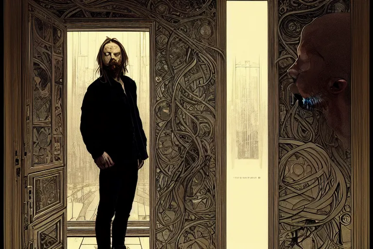 Image similar to hyper realistic portrait of thom yorke singer songwriter, side, opening a door, reflections, by lee bermejo, alphonse mucha and greg rutkowski