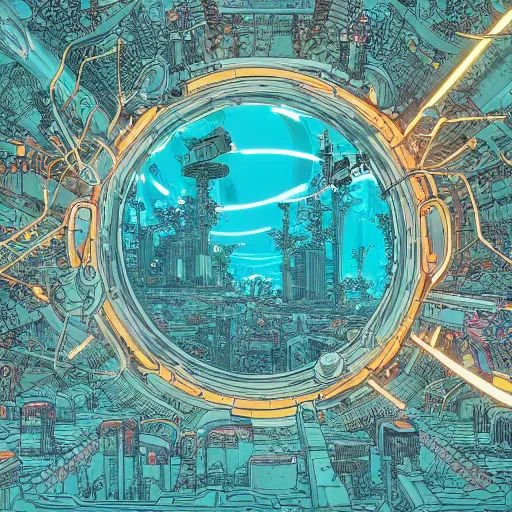 Image similar to hyper detailed comic illustration of a glowing circular portal surrounded by a cybernetic forest , by Josan Gonzalez and Geof Darrow, isometric aerial view, highly detailed, 8k wallpaper